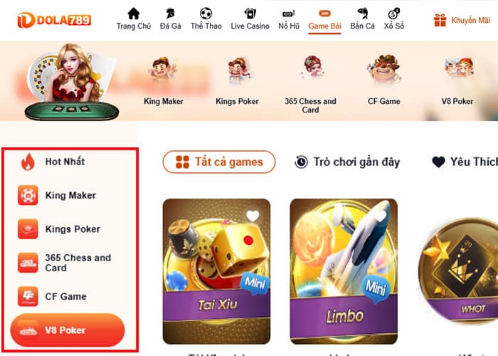 Các sảnh cược có tại Game Bài DOLA789