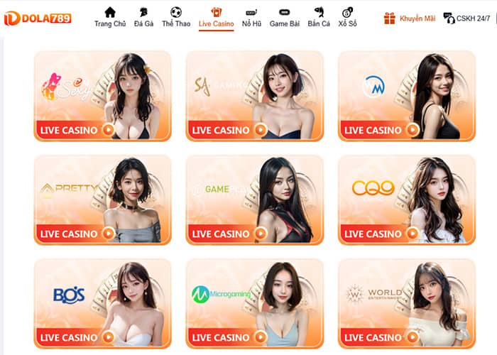 Các sòng bài có tại Live Casino DOLA789